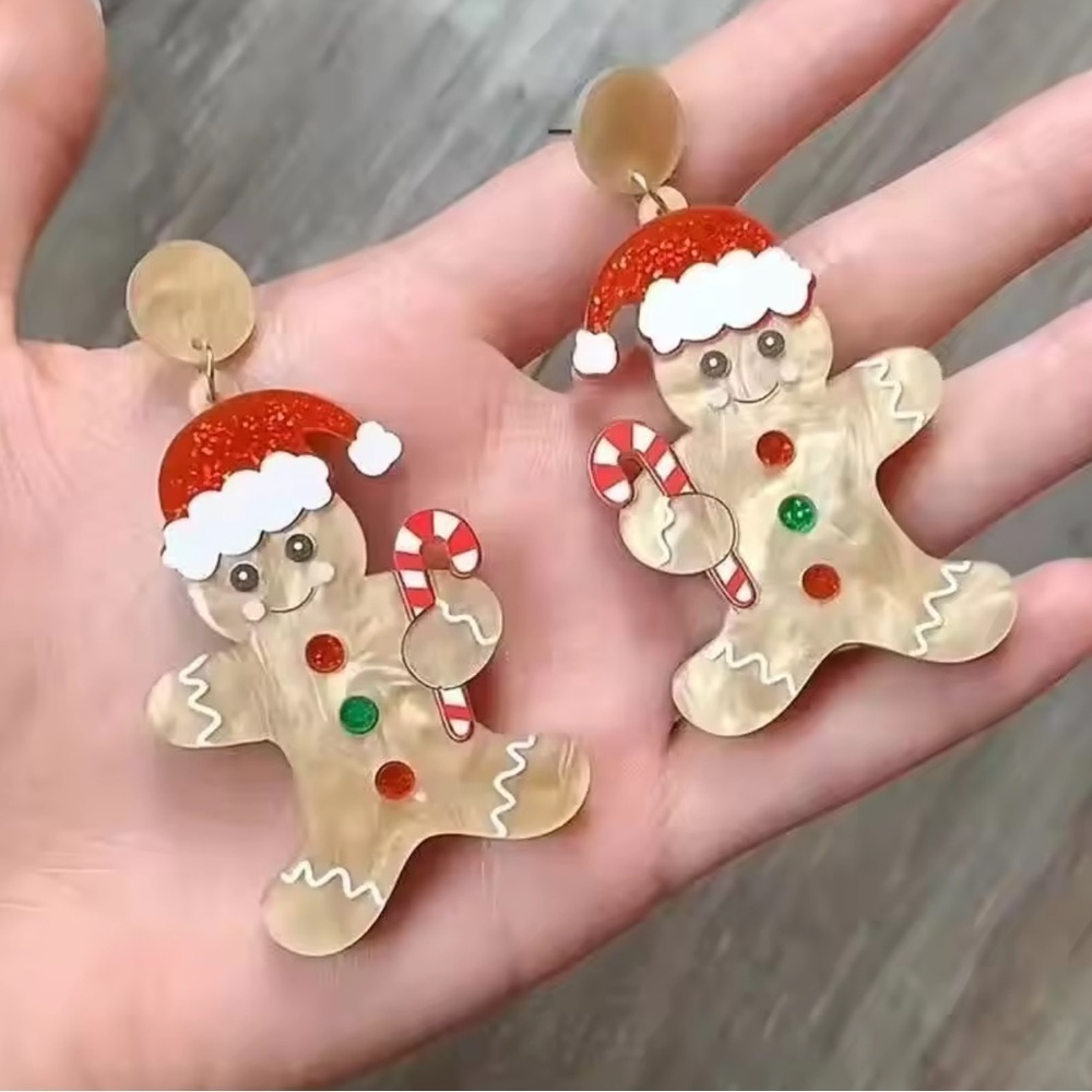 Gingerbread Man Christmas Acrylic Earrings | Candy Cane Holiday Dangle Jewelry